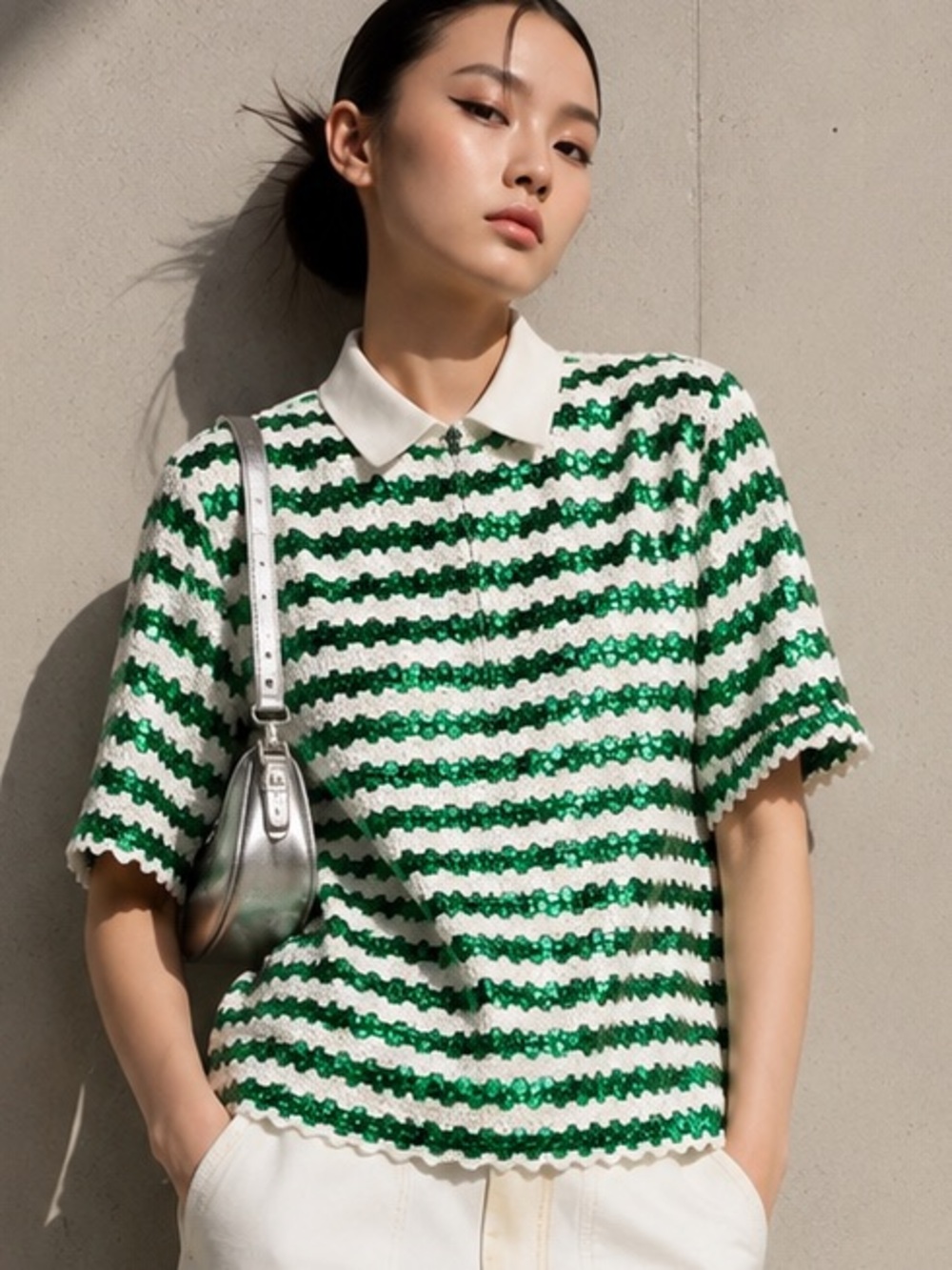 Greedilous Korea Sequin Stripe Polo Top Green White Short Sleeve Sz L NWT